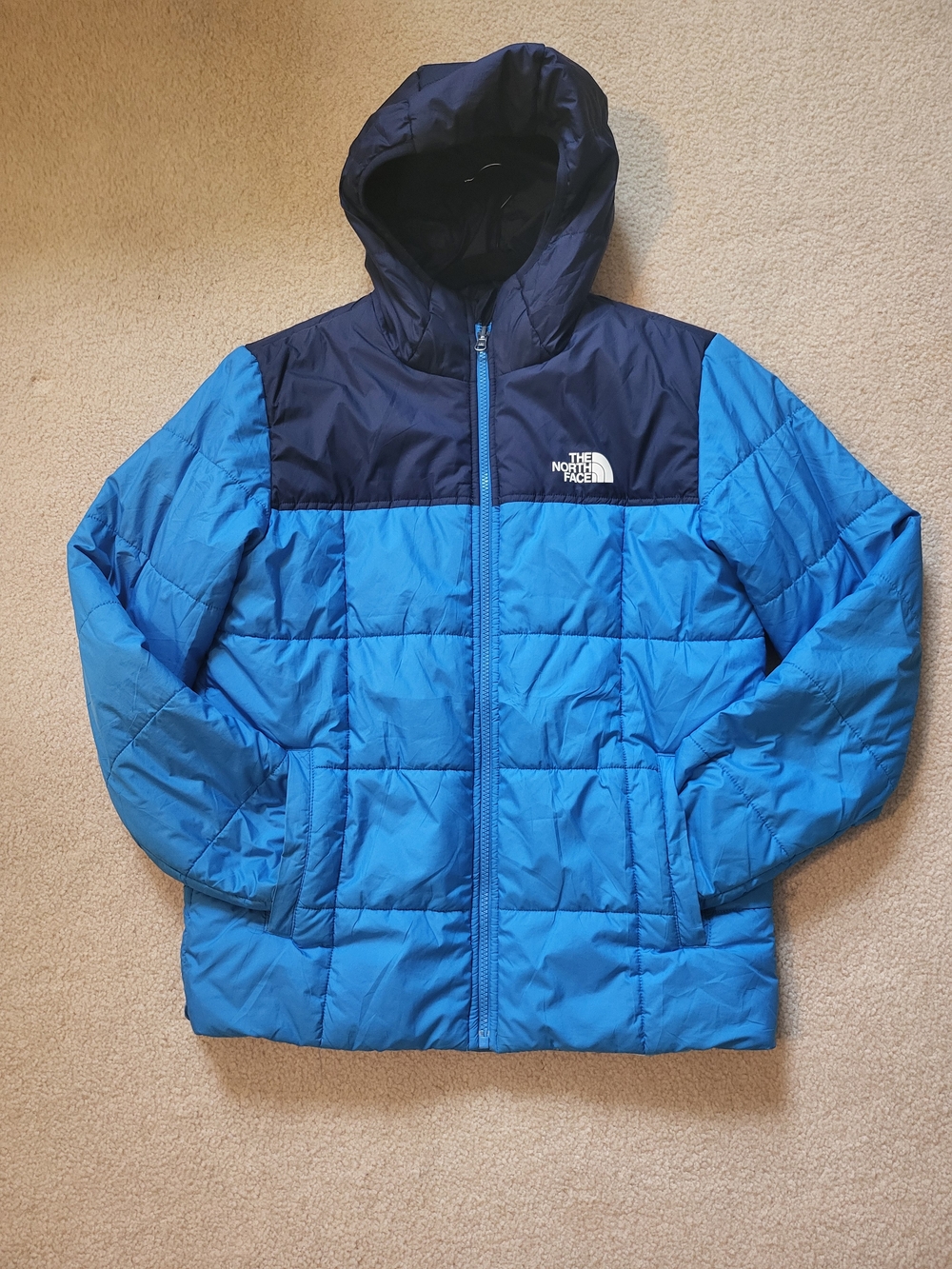 The North Face Kids Blue and Navy Hooded Puffer Jacket